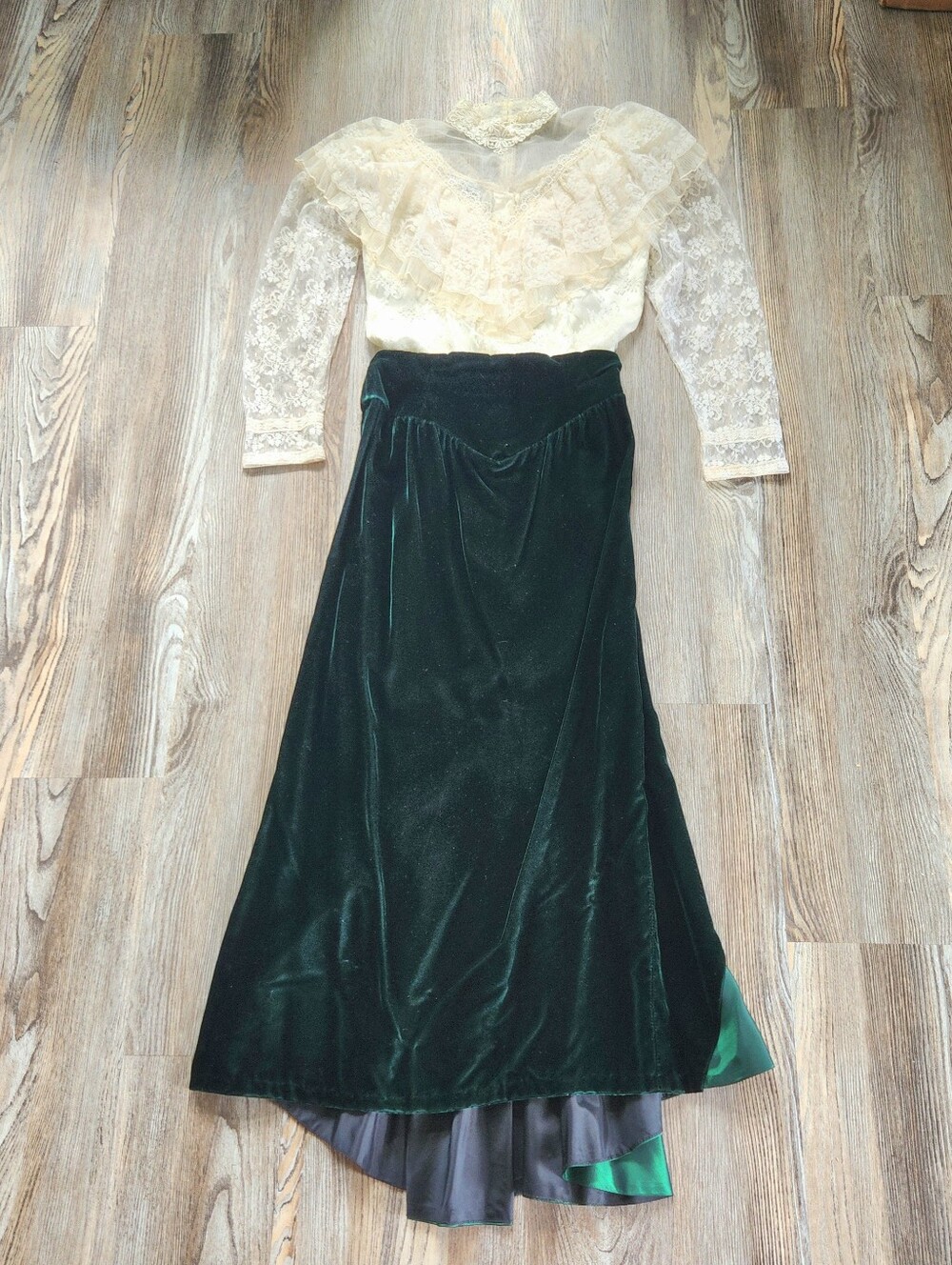 Vintage Jessica Mcclintock Lace Blouse Velvet Maxi Skirt Set Womens 11-12 1980s - Picture 3 of 16